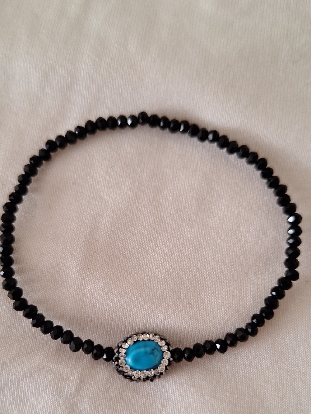Black Beaded Stretch Bracelet with Turquoise Accent and Crystal Halo